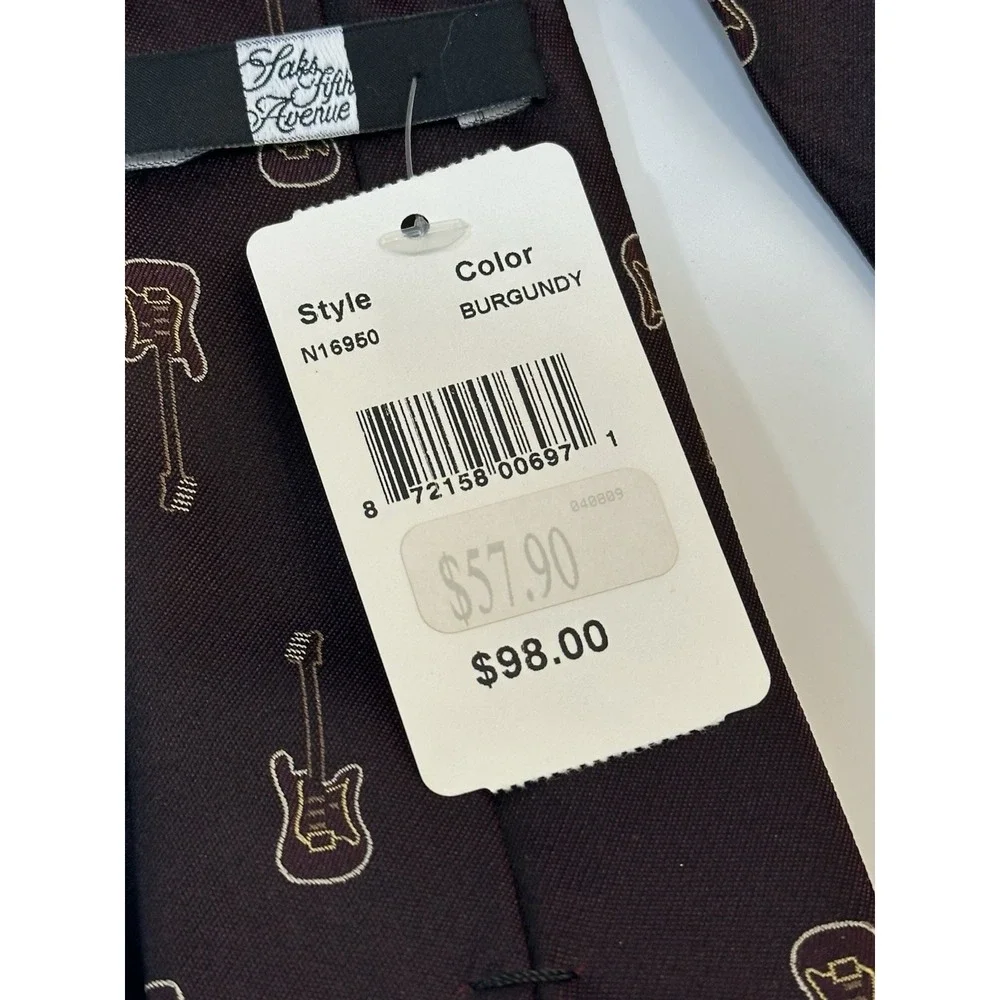 Saks Fifth Avenue Mens Silk Tie Burgundy Red Electric Guitar NWT